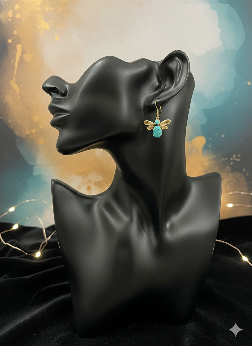 Turquoise Bee Charm Drops Earrings
