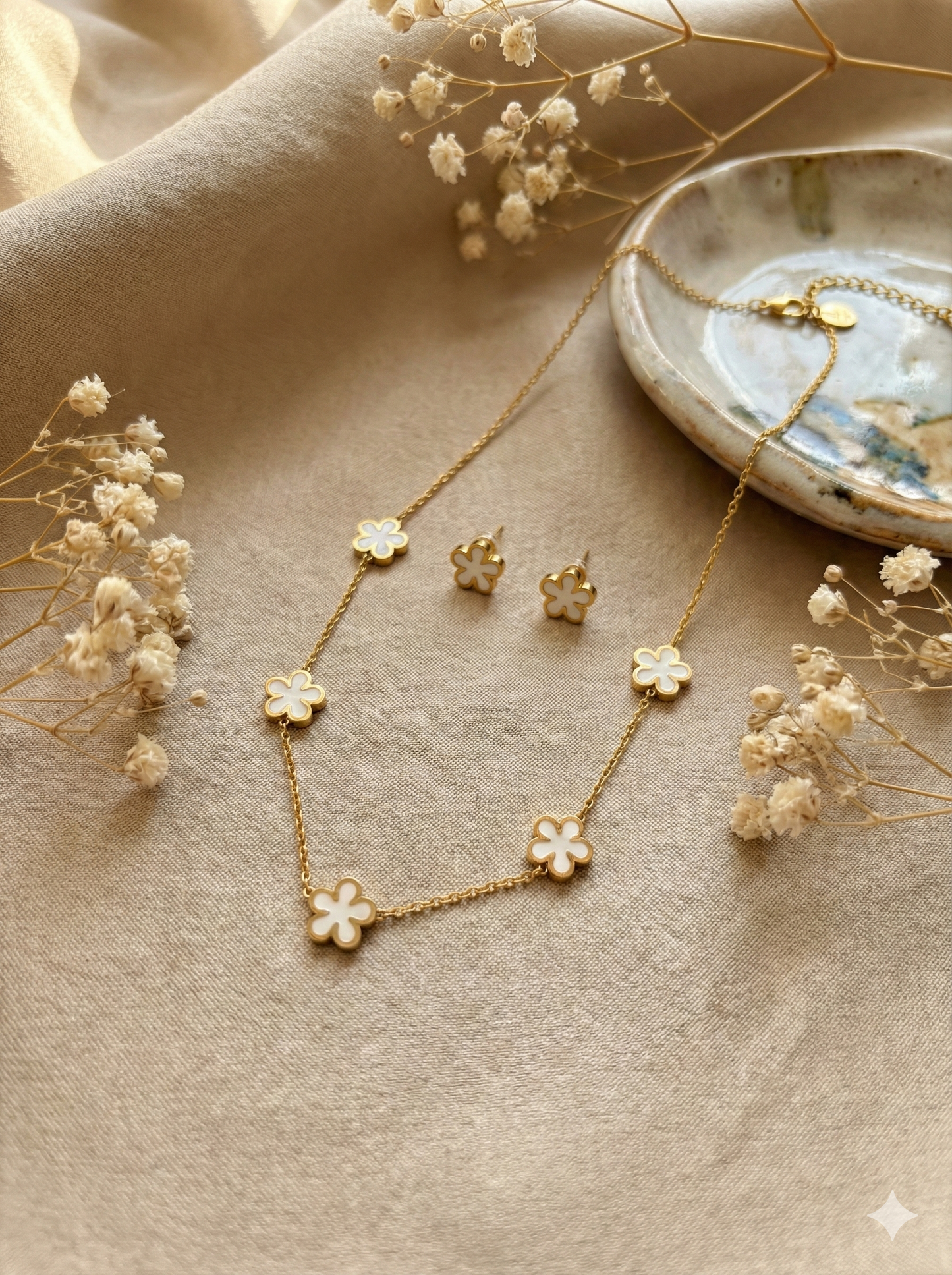 Five-Petal Floral Jewelry Necklace & Earrings Set