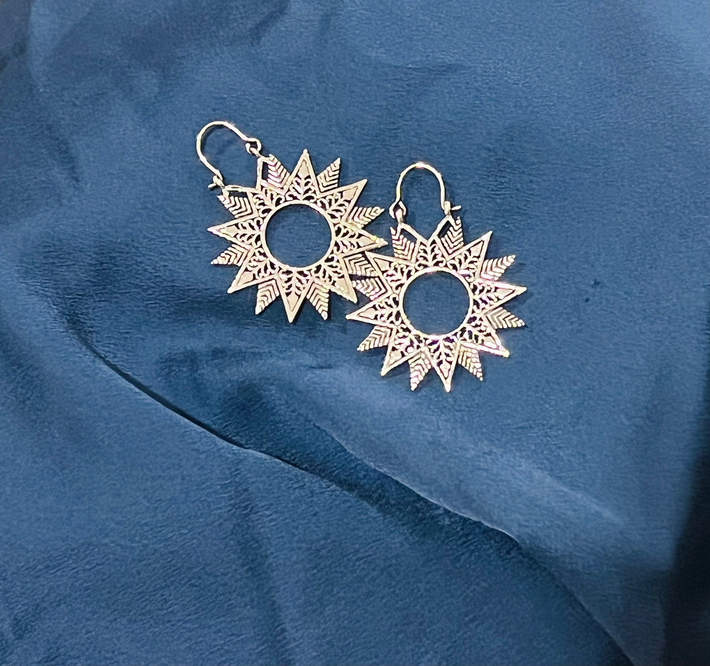 Silver Sunburst Mandala Drops Earrings