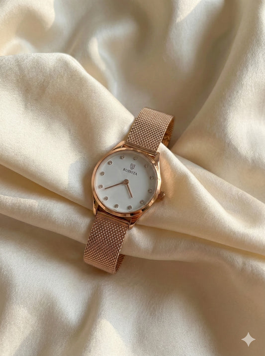Ruinita Rose Gold Premium Elegant Emerald White Dial Watch