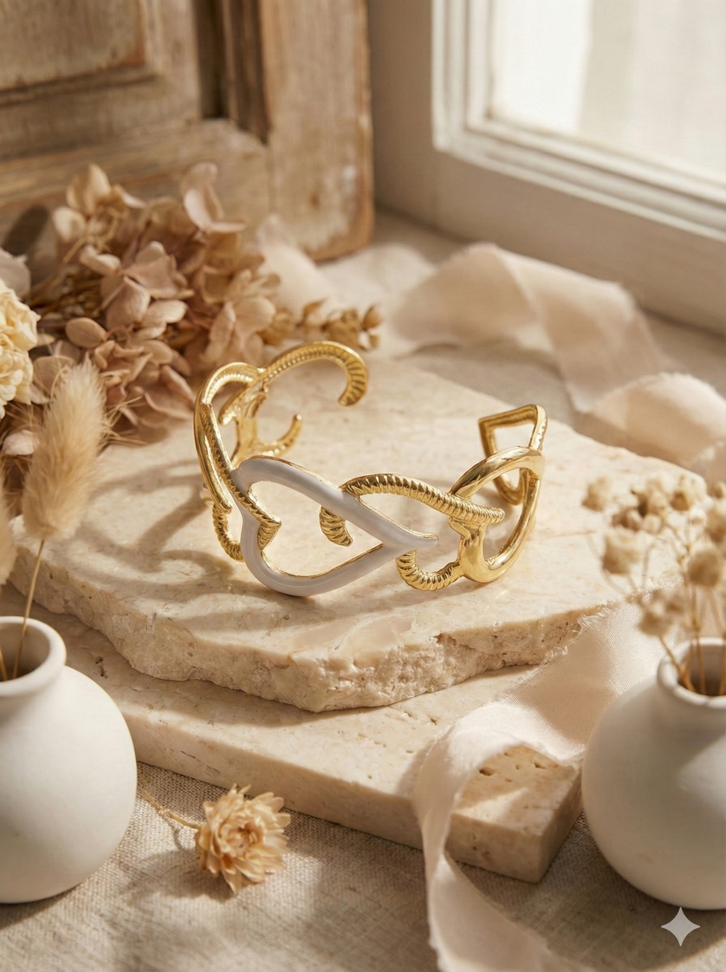 White Enamel & Gold Twist Cuff Bangle