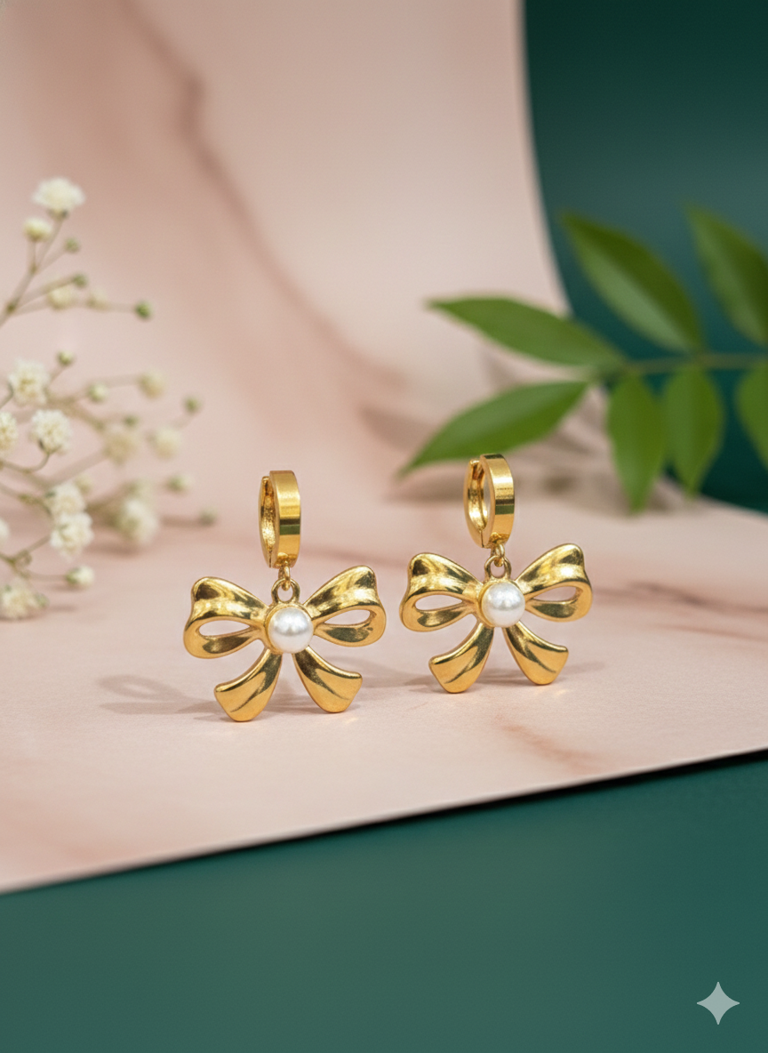 Golden Bow Pearl Drop Earrings