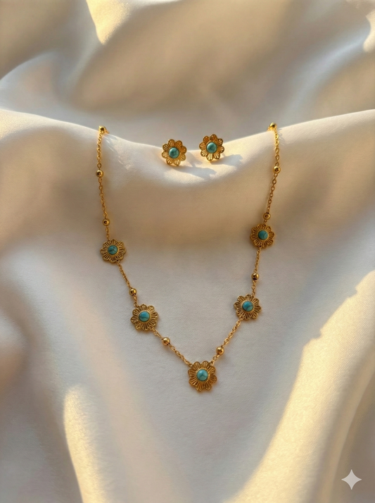 The Sun-Kissed Turquoise Floweret Necklace & Earrings Set