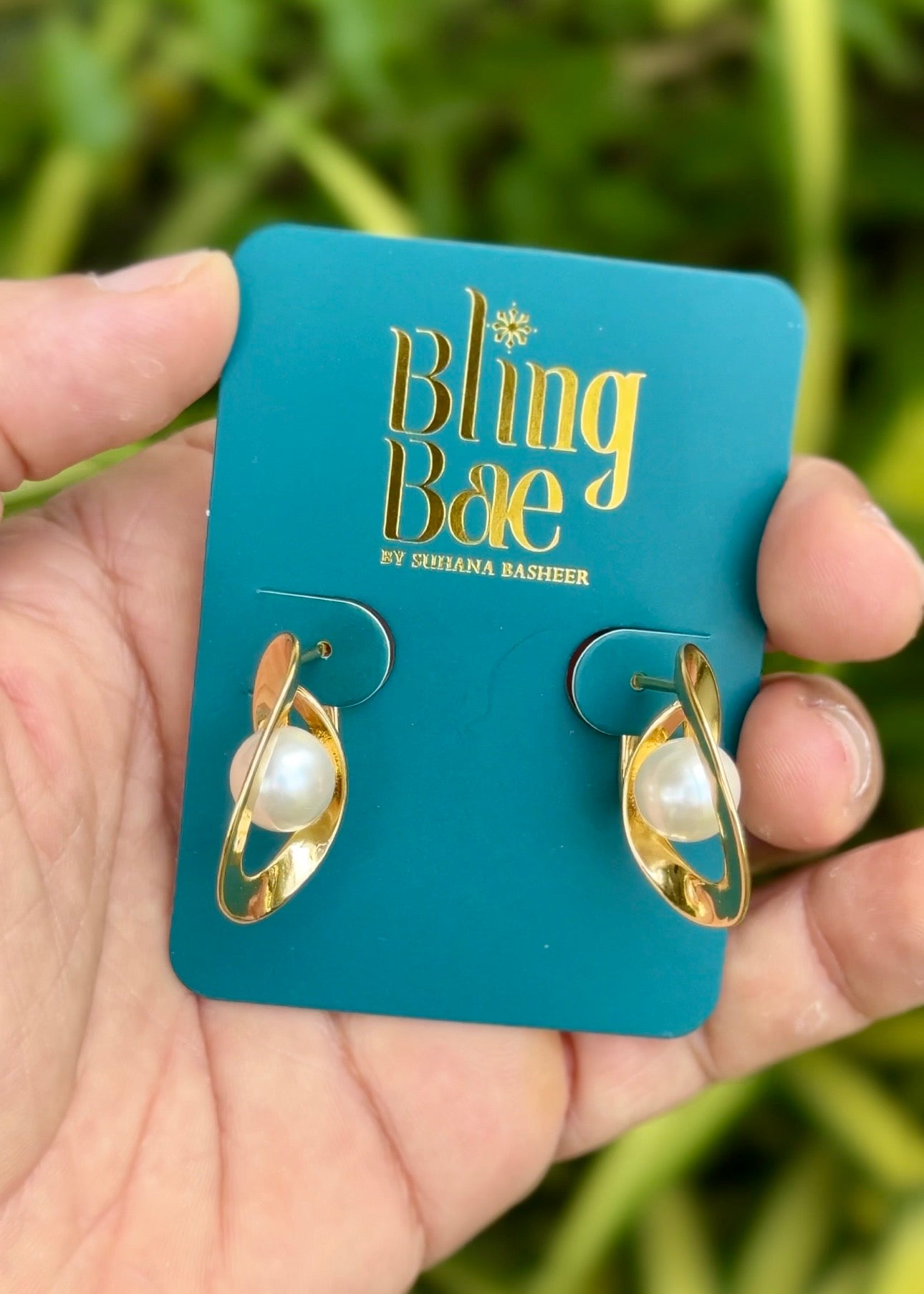 Golden Orbit Pearl Stud Earrings