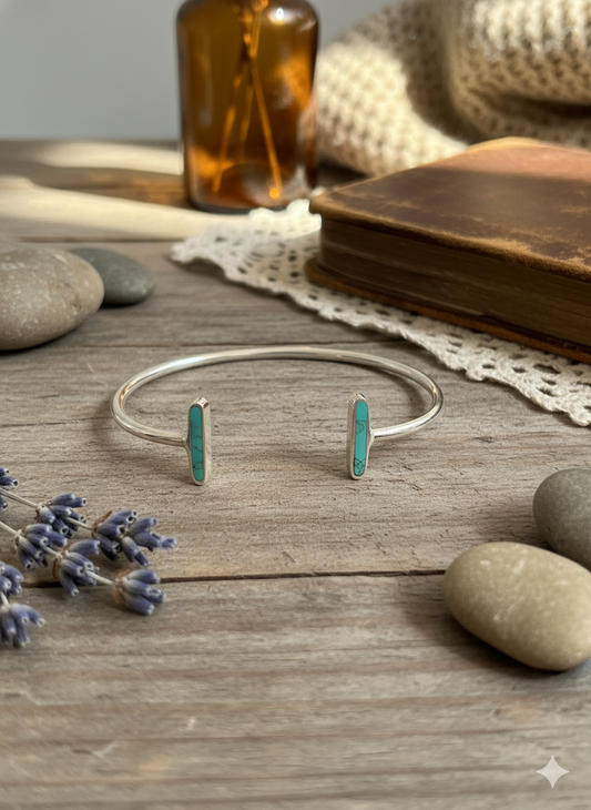Turquoise Bar Horizon Open Cuff Bangles (Adjustable)(Silver)