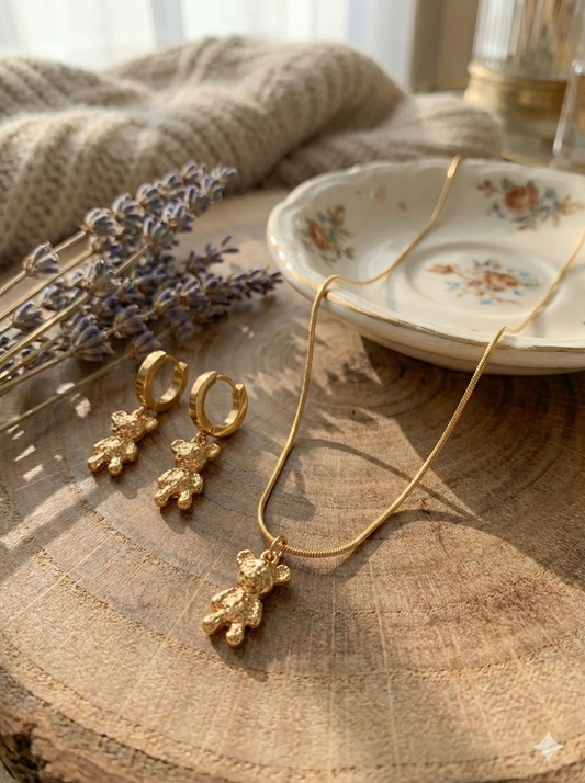 Gold Teddy Pendant Necklace & Earrings Set