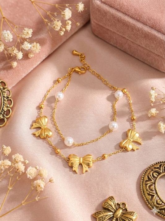 Delicate Bows & Pearls Layered Bracelets