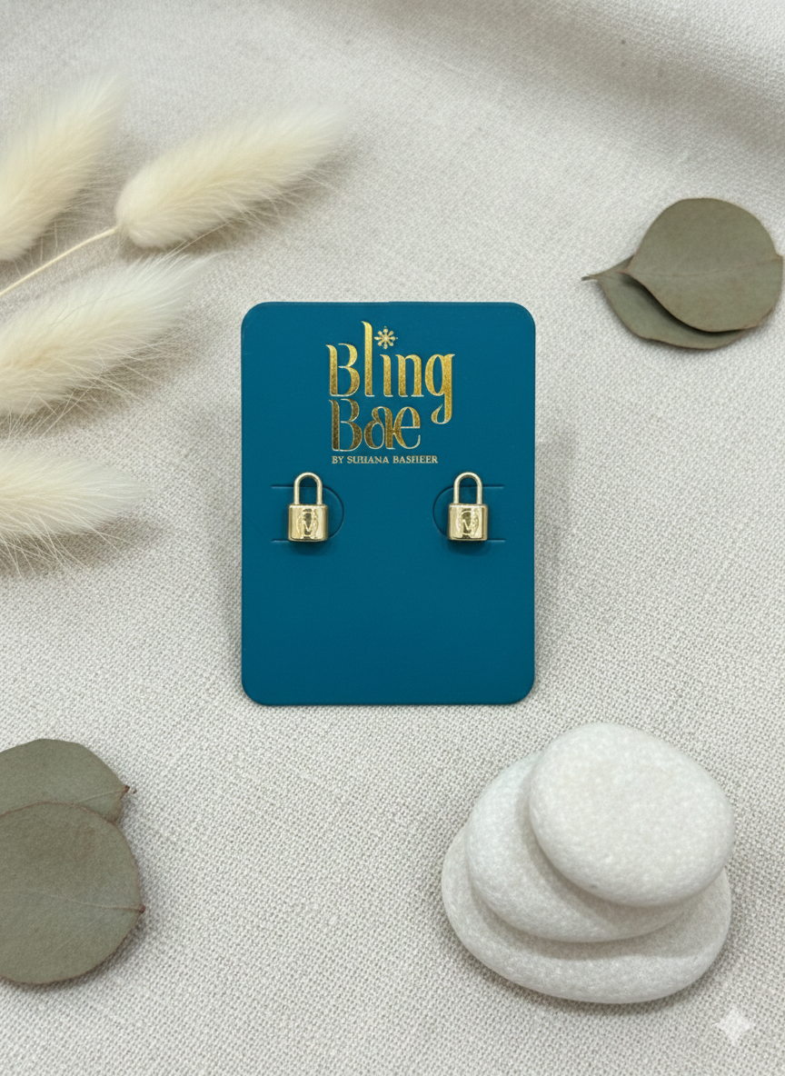 Golden Lock Stud Earrings