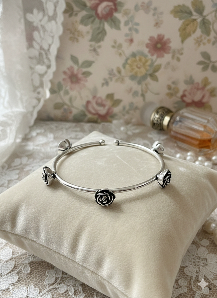 Silver Rose Charm Cuff Bangles (Adjustable)