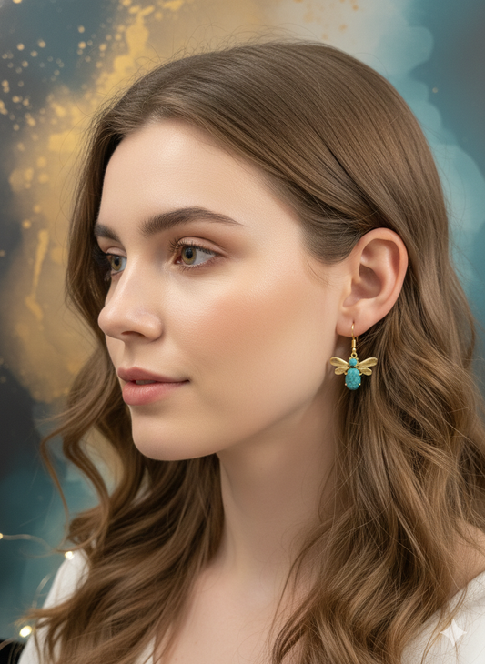 Turquoise Bee Charm Drops Earrings