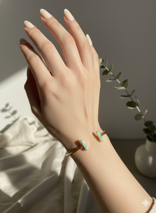 Turquoise Bar Horizon Open Cuff Bangles (Adjustable)(Gold)