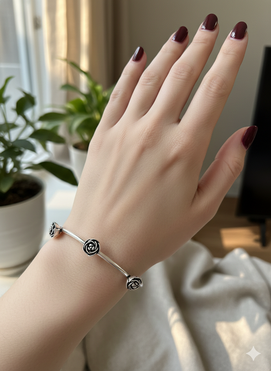 Silver Rose Charm Cuff Bangles (Adjustable)