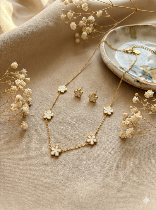 Five-Petal Floral Jewelry Necklace & Earrings Set