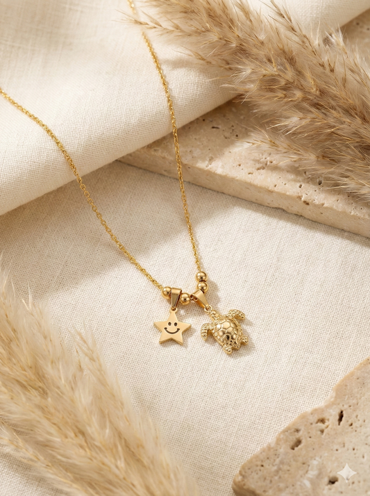 Smiley Star & Turtle Charm Necklace
