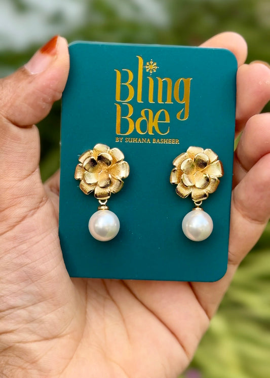 Golden Bloom Pearl Drop Earrings