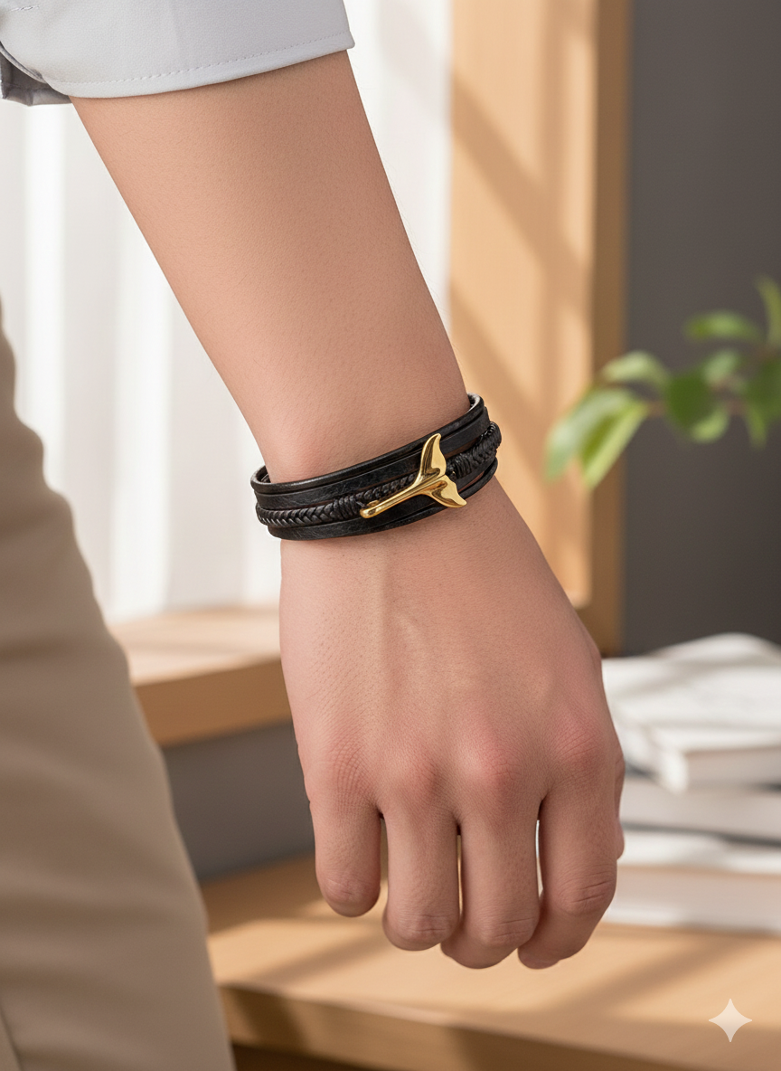 Golden Anchor Noir Leather Wristbands
