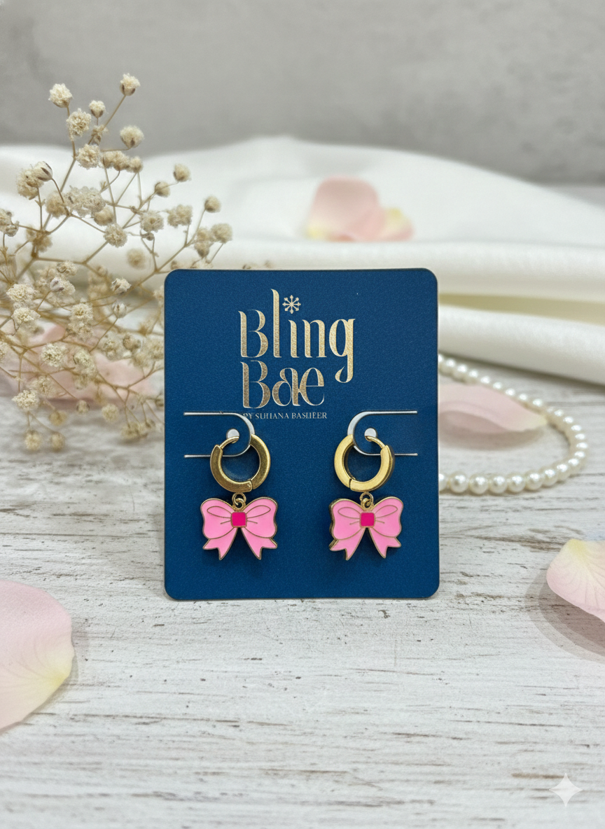 Pink Bow Charm Hoops