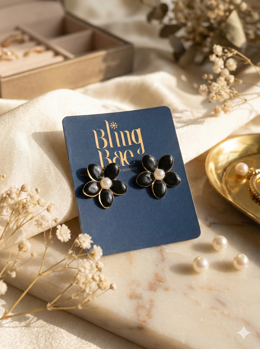 Onyx Petal Pearl Earrings