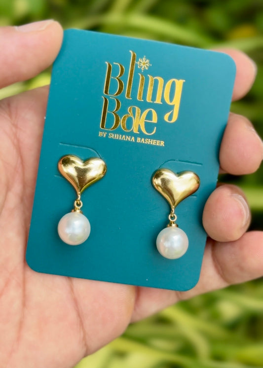 Golden Heart Pearl Drop Earrings
