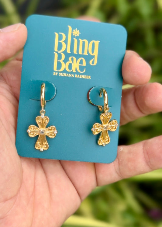 Golden Cross Charm Hoop Earrings