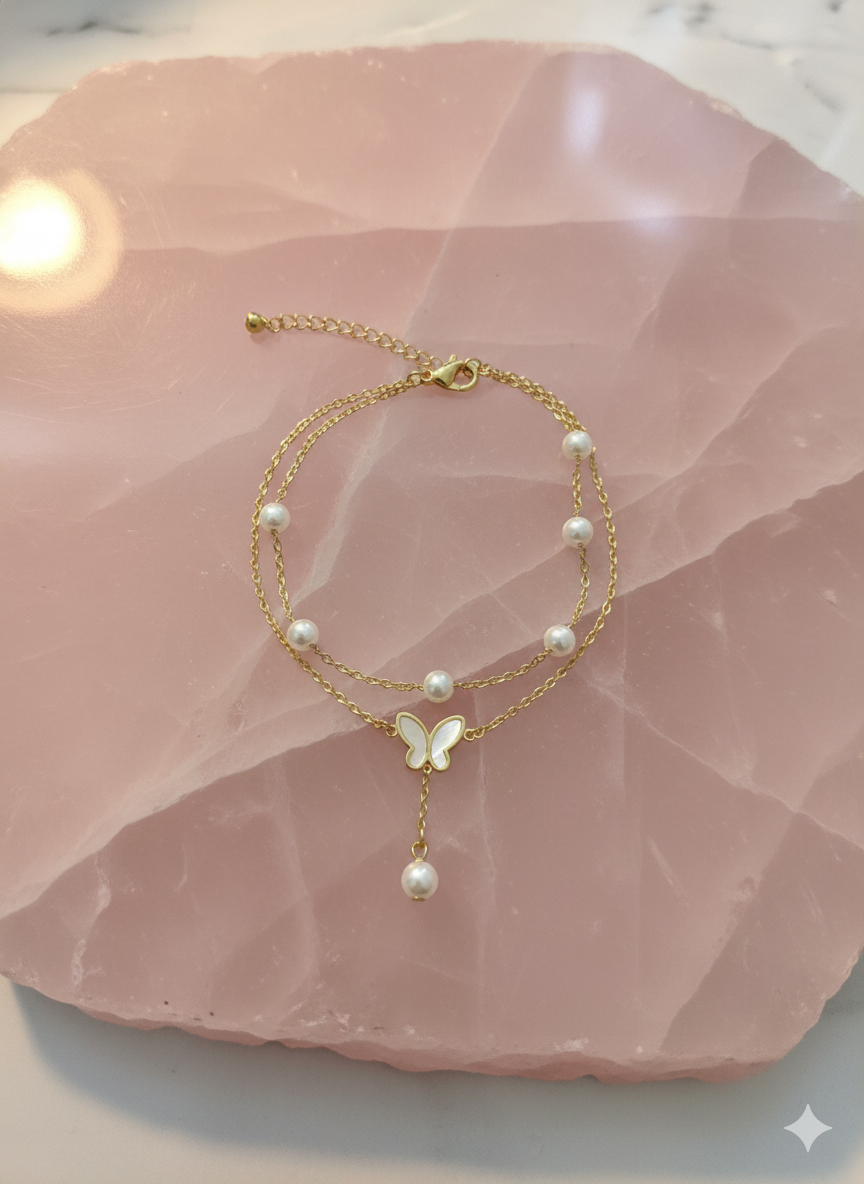 Butterfly Pearl Charm Anklet/Bracelet (Single Piece)