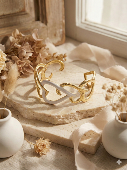 White Enamel & Gold Twist Cuff Bangle