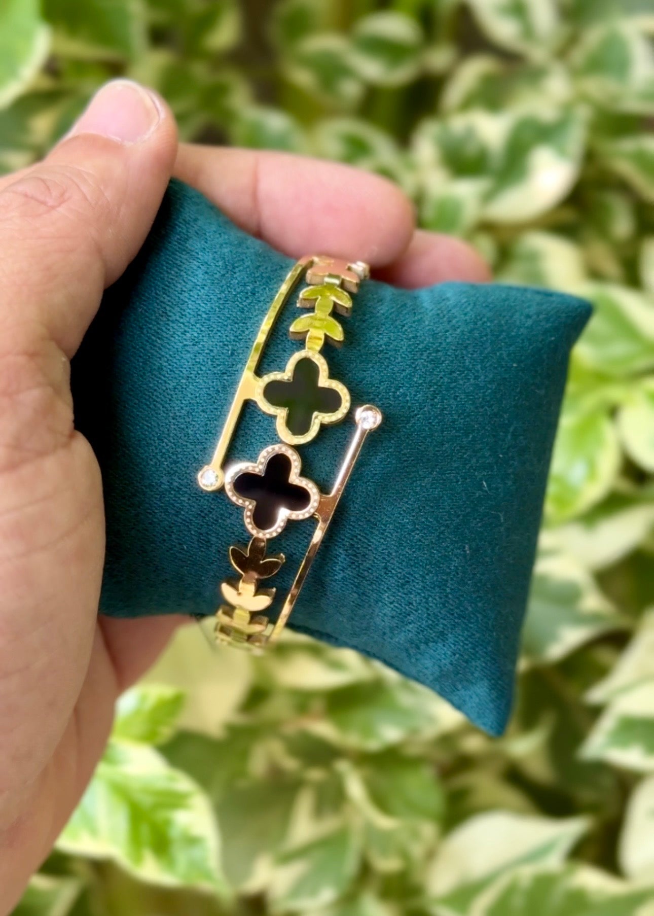 Dual Clover Crystal Charm Cuff Bangle 🍀✨
