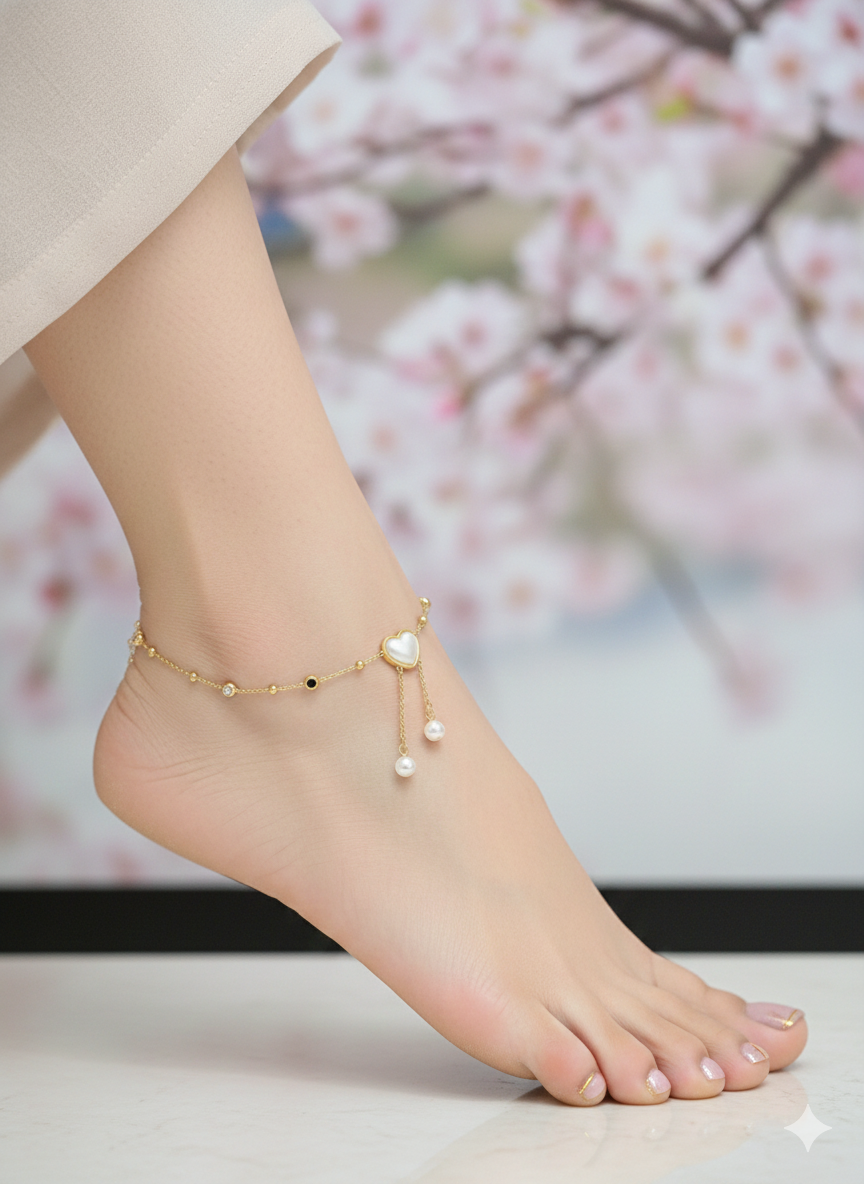 Pearl Heart Anklet/Bracelet (Single Piece)