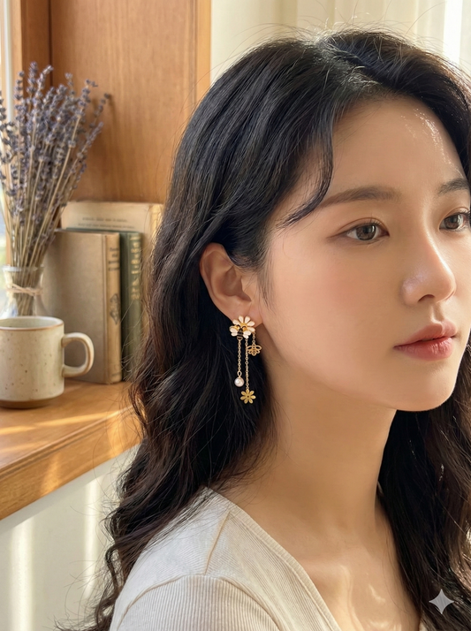 Gold Bee and Daisy Enamel Drop Earrings