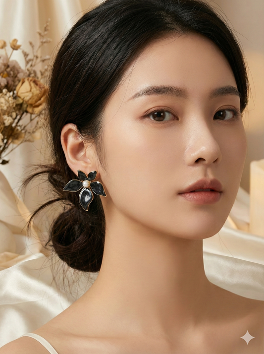 Black Petal Pearl Earrings