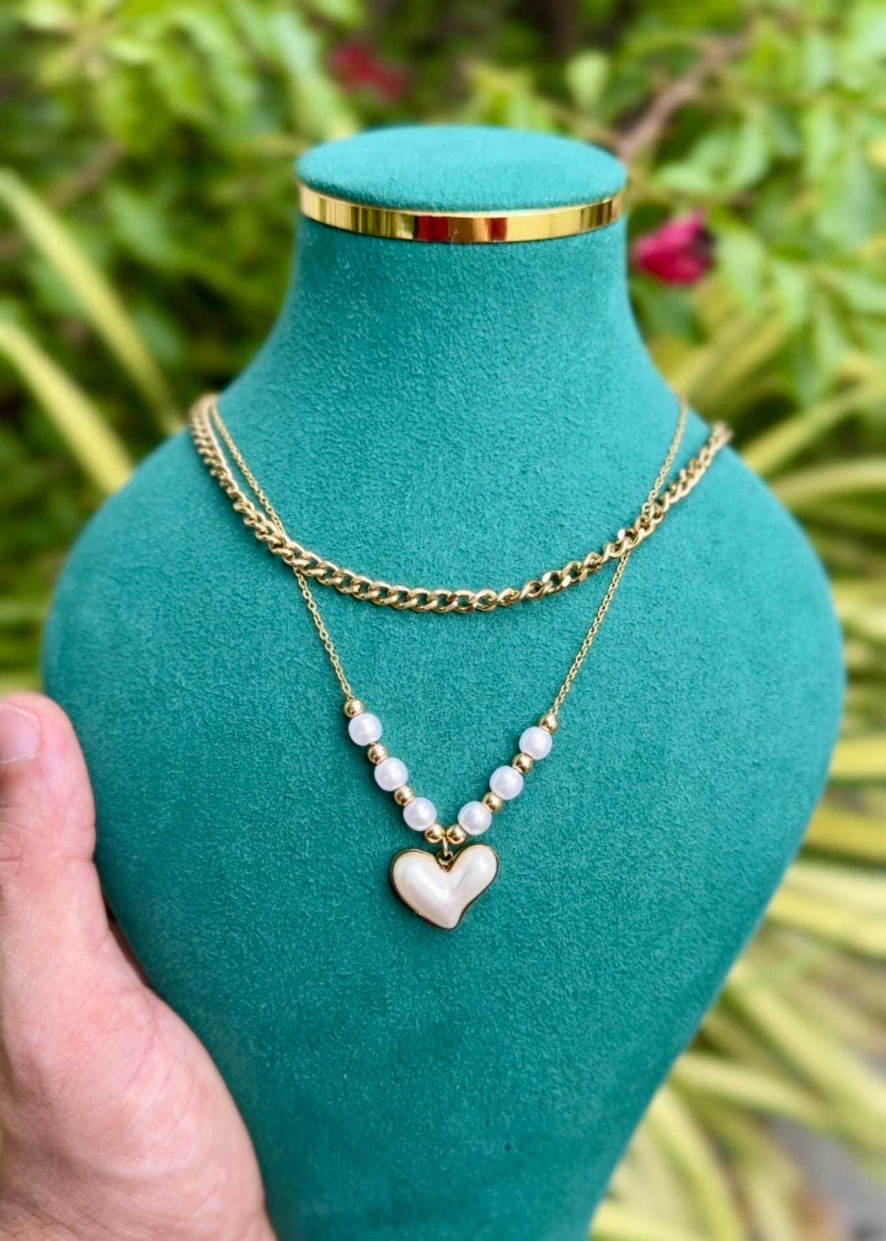Golden Pearl Heart Layered Necklace 💫