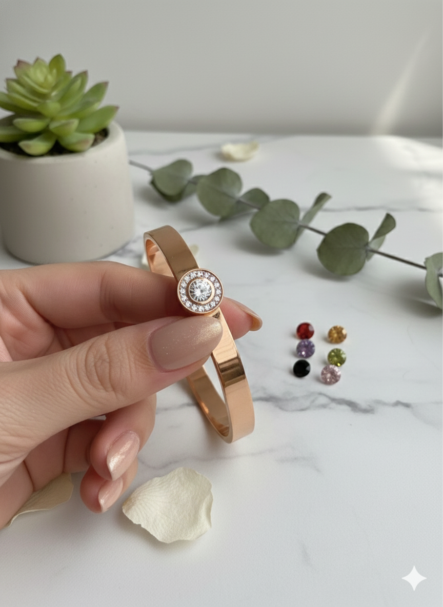Interchangeable Stone Cuff Bangle 💎 (Rose Gold Color - Size - 2.6) (316L Grade)