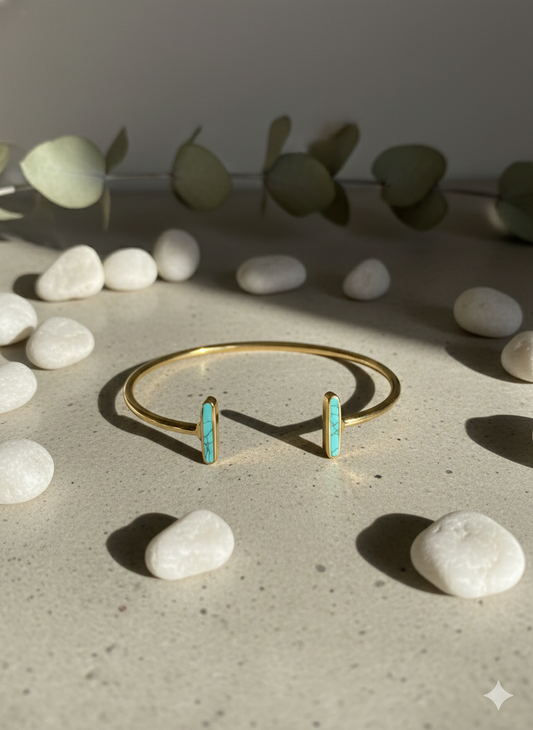 Turquoise Bar Horizon Open Cuff Bangles (Adjustable)(Gold)