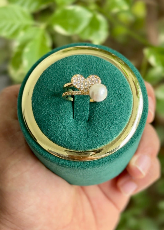 The Cherish Pavé Heart & Pearl Ring✨(Adjustable)