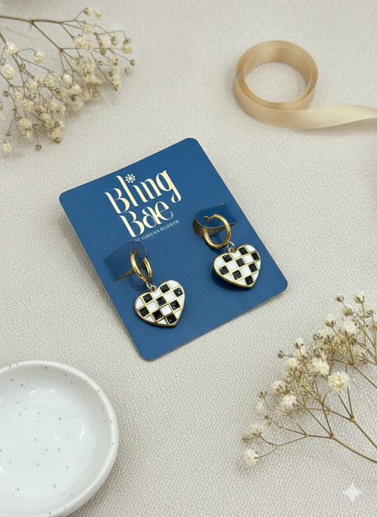 Checkered Heart Drop Earrings