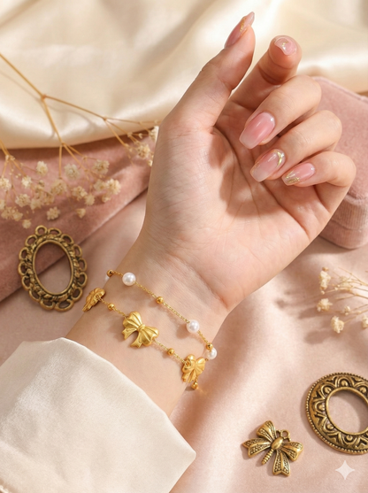 Delicate Bows & Pearls Layered Bracelets