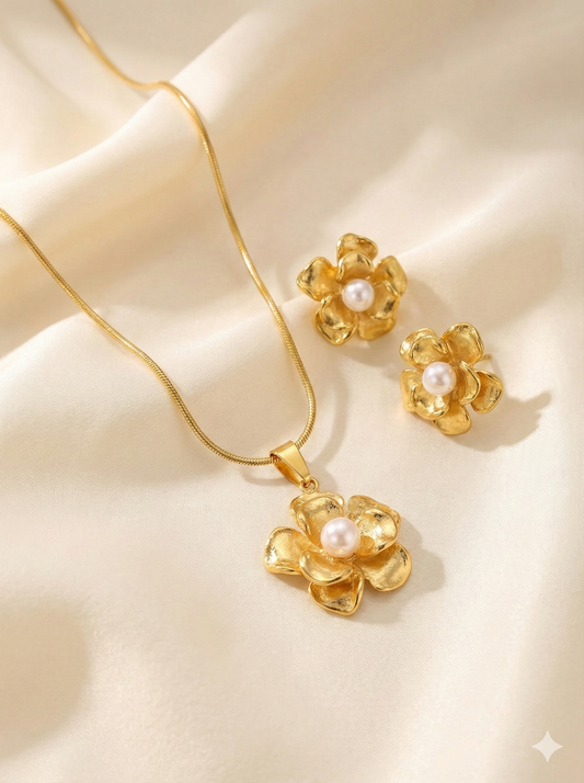 Golden Petal Pearl Necklace & Earrings Set