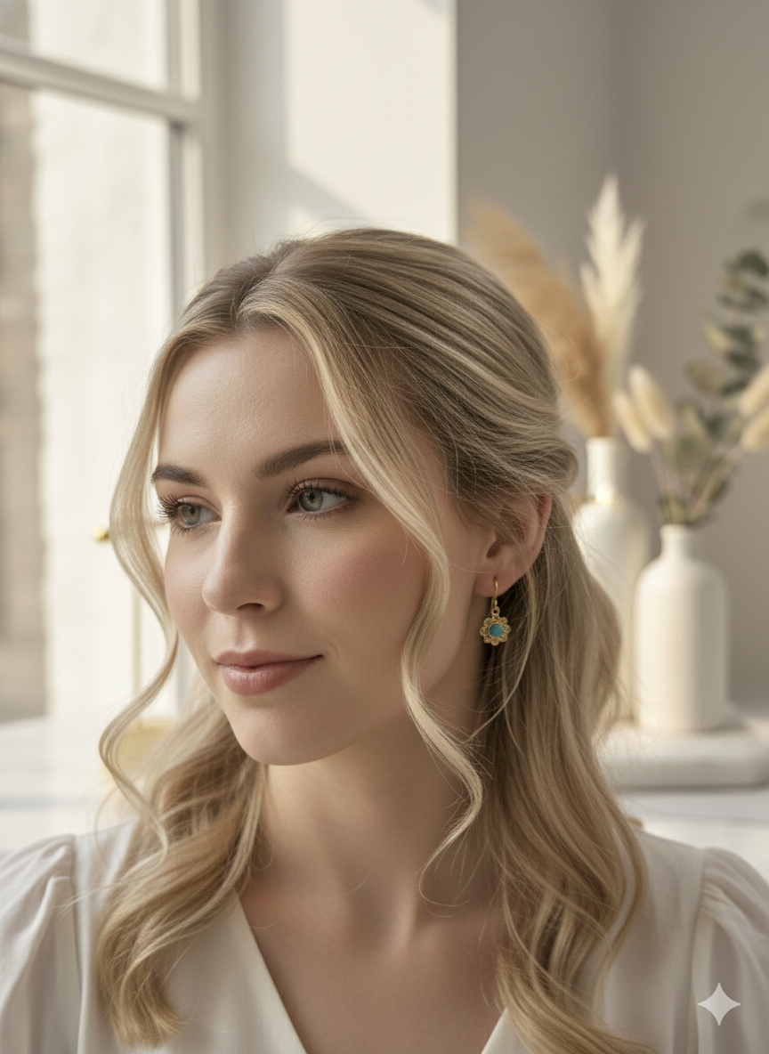 Turquoise Bloom Brass Hoop Earrings