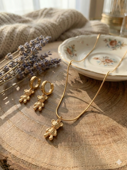 Gold Teddy Pendant Necklace & Earrings Set