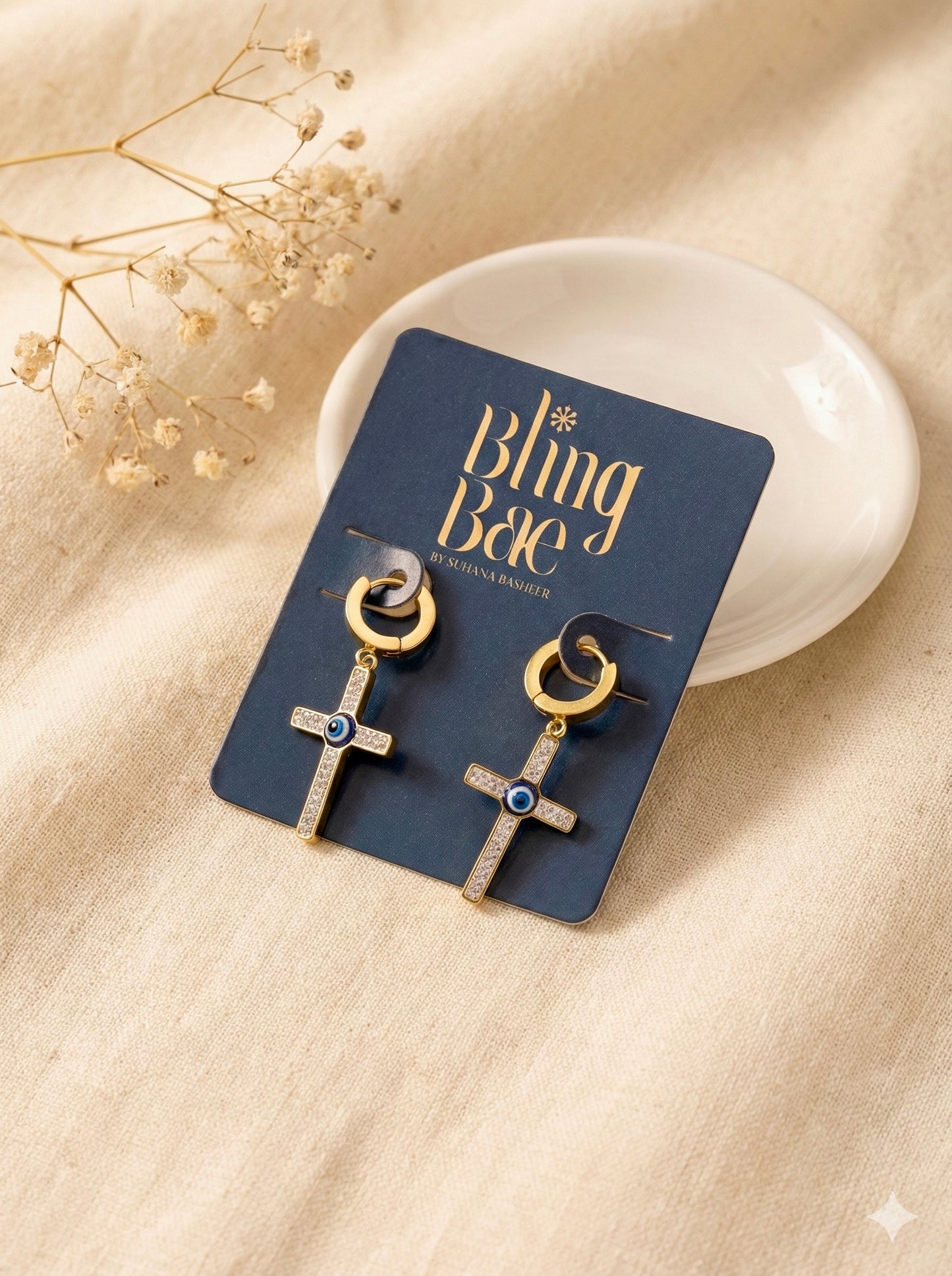 Eterna Cross Evil Eye Hoops Earrings