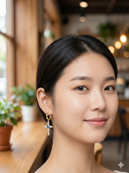 Eterna Cross Evil Eye Hoops Earrings