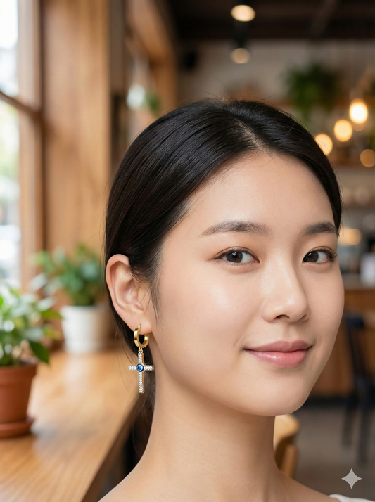 Eterna Cross Evil Eye Hoops Earrings