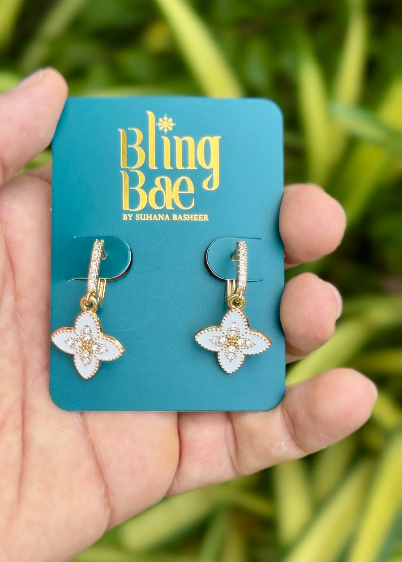 White Clover Charm Huggie Earrings