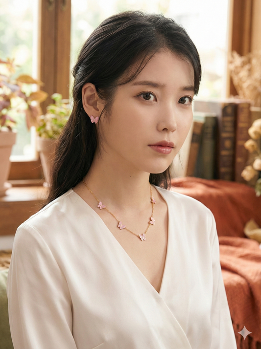 Pink & Gold Butterfly Necklace & Earrings Set