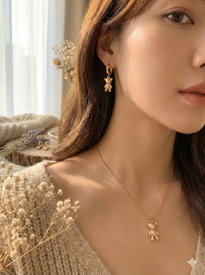 Gold Teddy Pendant Necklace & Earrings Set