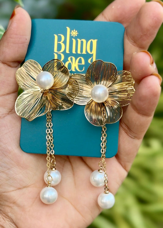 Golden Bloom Pearl Drop Earrings