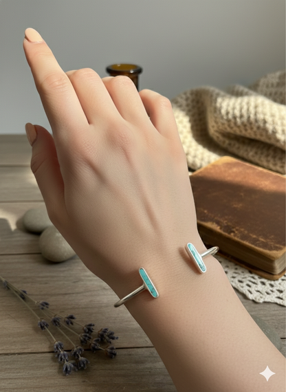 Turquoise Bar Horizon Open Cuff Bangles (Adjustable)(Silver)