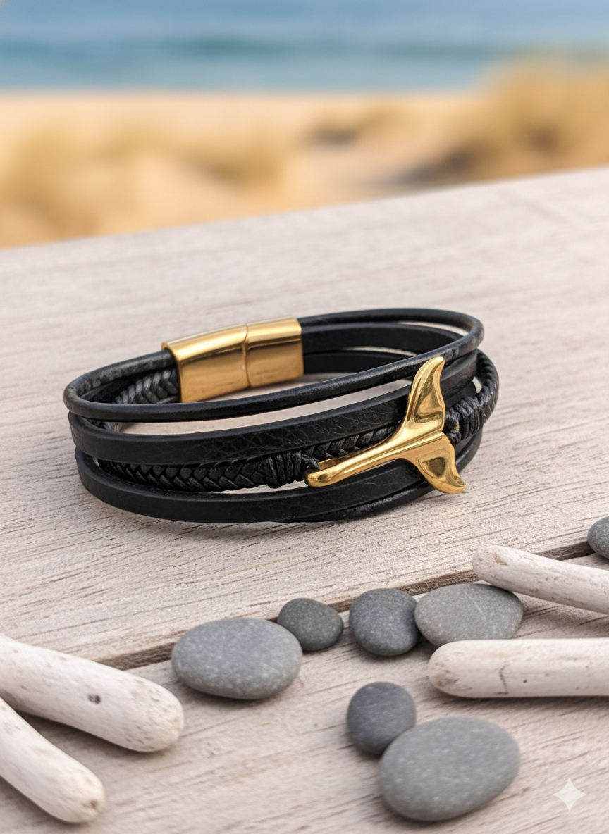 Golden Anchor Noir Leather Wristbands