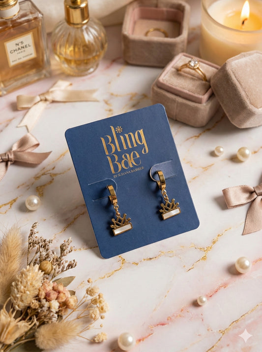 White & Gold Royal Crown Drops Earrings
