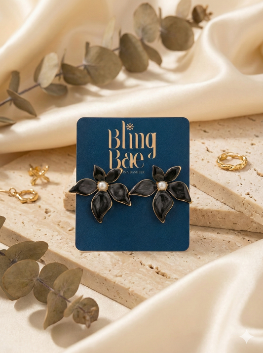 Black Petal Pearl Earrings